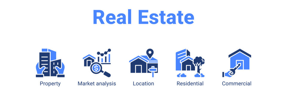 Real Estate web banner icon vector illustration concept ,  with icon of Property, Market analysis, Location.