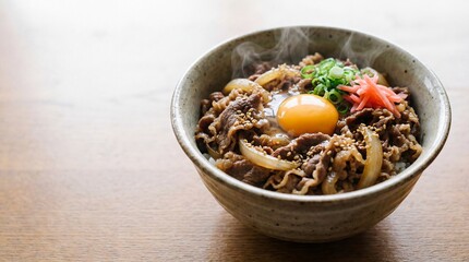 Japanese Gyudon Delight: A close-up shot of a savory Gyudon, featuring tender beef slices atop a bed of fluffy rice, topped with a vibrant egg yolk, garnished with ginger and green onion.