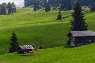 Two wooden huts scattered across rolling green alpine meadows