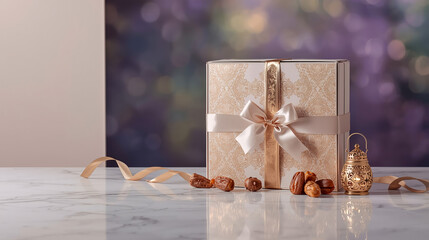 Luxury Ramadan gift hamper with dates and lantern on marble with copy space