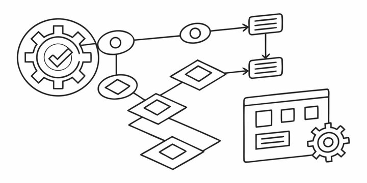 A vector graphic illustrating a flowchart with gears and process steps