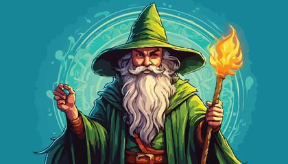 Obraz premium Wizard with a Glowing Staff and Magical Orb Illustration.