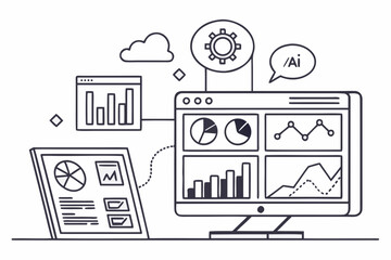 A vector graphic illustration of a computer monitor and tablet displaying various charts and graphs with a cloud and gear icon
