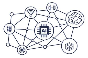 A vector graphic illustration of a network of interconnected nodes and icons representing artificial intelligence and technology