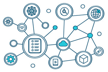 A vector graphic illustrating a network of interconnected icons representing technology and communication