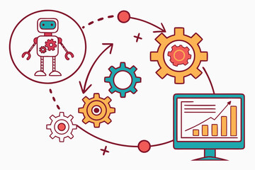 A colorful vector graphic illustrating a robot interacting with gears and a computer monitor displaying a graph