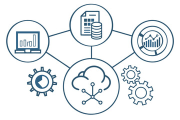 A vector graphic illustrating a cloud computing network with interconnected icons representing data storage, analytics, and system management
