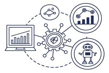 A vector graphic illustrating business analytics and automation with a laptop, gear, and robot