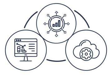 A vector graphic illustrating a business concept with three interconnected circles featuring a computer, a bar chart, and a cloud with a gear.