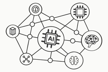 A vector graphic illustrating the concept of artificial intelligence and its connections to various technological and cognitive elements.