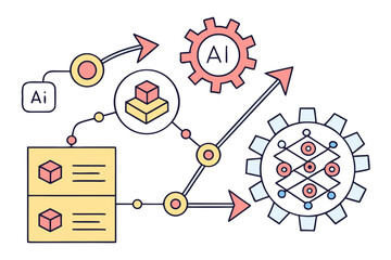 A vector graphic illustrating the concept of artificial intelligence and machine learning with gears and flowcharts