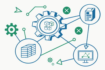 A vector graphic illustrating a complex system with interconnected gears, servers, and data flow