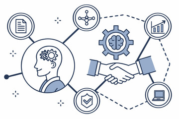 A vector graphic illustrating business partnership and innovation with a handshake and gears