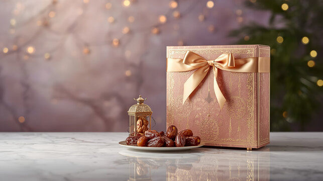 Luxury Ramadan gift hamper with dates and lantern on marble with copy space