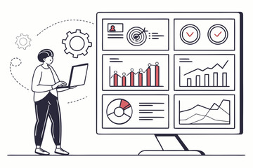 A minimalist vector illustration of a person analyzing data on a laptop next to a large screen displaying various charts and graphs