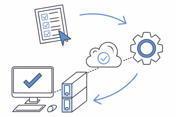 A vector graphic illustrating a cloud computing system with a checklist, computer, server, and gear