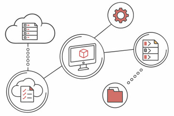 A vector graphic illustrating a cloud-based network system with interconnected devices and data storage