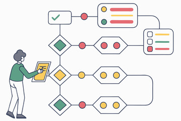 A vector graphic illustration of a man interacting with a flowchart diagram