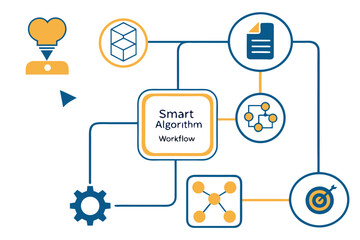 A vector graphic illustrating a smart algorithm workflow with various interconnected icons and symbols