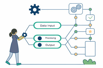 A vector graphic illustration of a woman working with data processing flowchart