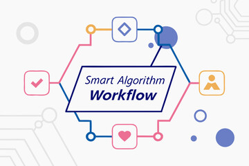 A vector graphic illustrating a smart algorithm workflow with interconnected nodes and symbols