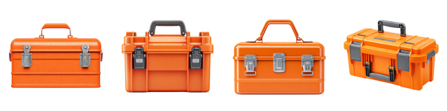 Set of Durable Orange Plastic Toolboxes, Different Angles on White