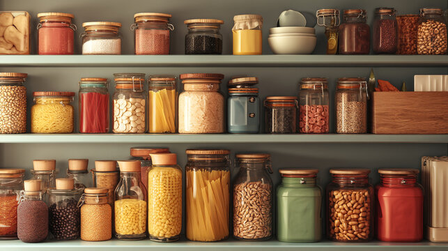 A well-organized kitchen shelf stocked with various food items in glass jars and containers
