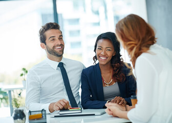 Naklejka premium Happy, business people and talk in office with meeting, collaboration or feedback for financial growth. Team, discussion and smile in workplace with audit update, profit increase and positive review.