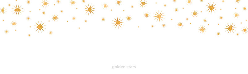 Golden stars confetti border on white background. Vector illustration with gold foil texture for festive holiday, Christmas, or celebration design.