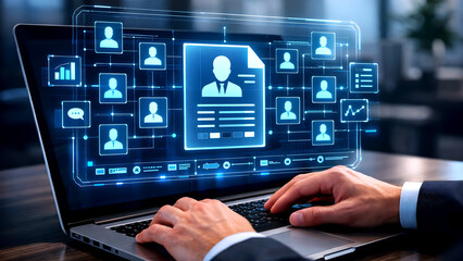 "A businessman uses a CRM database to manage customer profiles and behavior on his laptop."