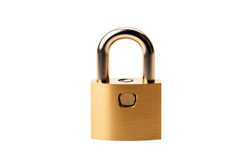 Brass padlock in modern minimalist style with bright studio lighting on white background for security