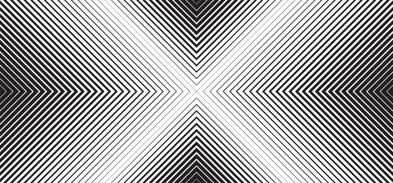Abstract geometric background with black and white diagonal lines. Vector illustration with a symmetrical op-art effect and halftone gradient.