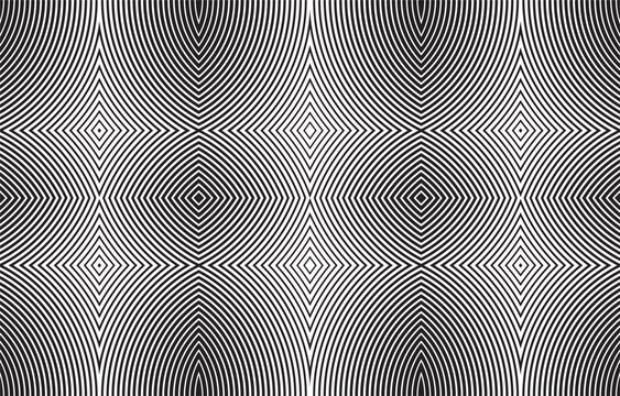Seamless op-art background with hypnotic symmetrical lines. Abstract geometric vector pattern with a moire effect for modern design, covers, and posters.