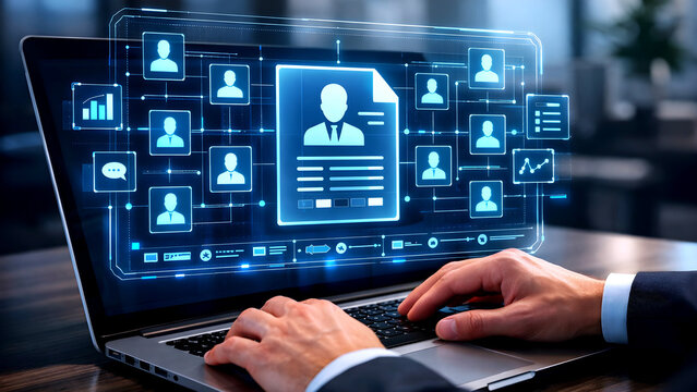 "A businessman uses a CRM database to manage customer profiles and behavior on his laptop."