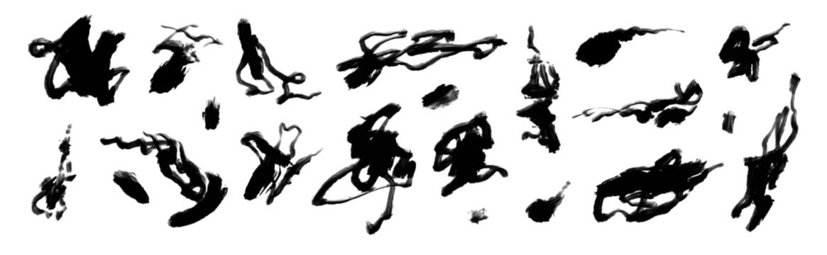 Set of abstract brush strokes and ink splatters. Vector collection of hand-drawn grunge elements, messy paint smears and artistic marks for design.