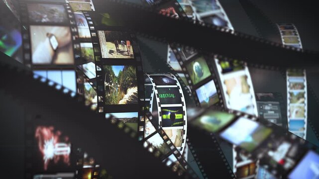 Elegant vintage film collage animation featuring rotating film strips, diverse photo scenes, and smooth parallax motion, evoking nostalgia, creativity, and cinematic storytelling a