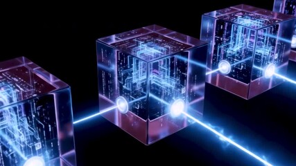 Abstract blockchain technology background, glowing glass cubes connected by blue laser beam, cryptocurrency network data flow, digital finance economy concept, futuristic cyber 3d animation - Powered by Adobe