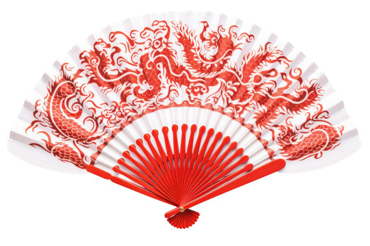 Handheld Fan with Dragon Design in Vibrant Red and White Colors with Intricate Patterns for Cultural Events