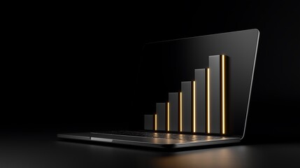 digital marketing analytics concept, glowing charts emerging from laptop, dark clean illustration
