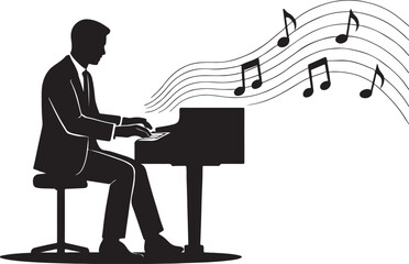 Modern pianist silhouette with flowing music notes representing productivity and success, suitable for business presentations.