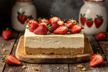 Delicious cheesecake topped with fresh strawberries on a rustic wooden table