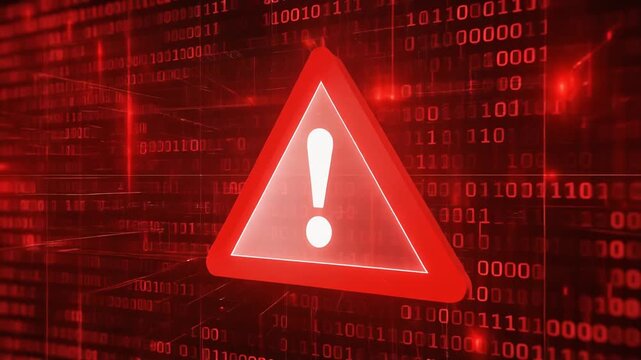 Red warning triangle with exclamation mark over binary code background, symbolizing digital threat or system alert.