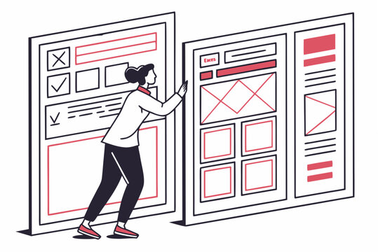 A person interacting with large website wireframes in a vector illustration