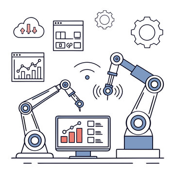 A vector graphic illustration of robotic arms interacting with a computer and various industrial icons