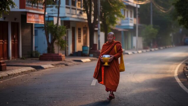 Buddhist monk walking along a peaceful street during early morning alms