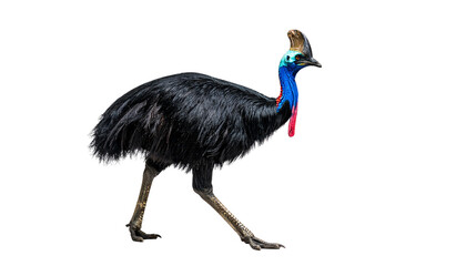 Obraz premium A portrait of a wild emu bird with black feathers and a sharp beak is isolated on a white background as a nature wildlife animal