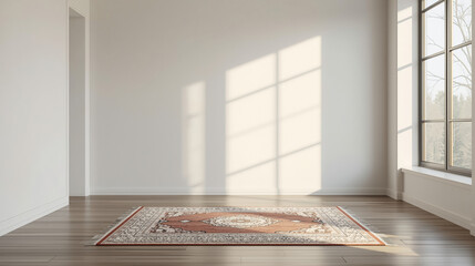 Modern minimalist prayer corner with rug and large copy space on white wall