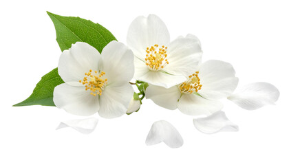 Blooming white cherry blossom flowers and jasmine petals on a spring tree branch in a macro nature garden