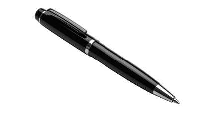 Classic silver and black ballpoint pens alongside a fountain pen isolated on white for professional business writing and signing an office document