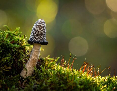 Close-up of shaggy ink cap mushroom on moss-covered surface, with soft green bokeh background